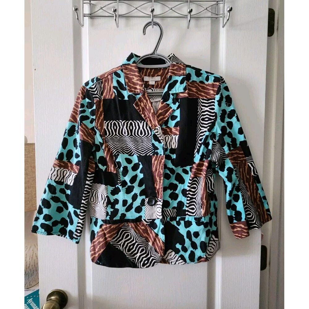 Erin London  Animal‎ Print Teal Brown Black Women's Jacket Blazer Cotton Size M